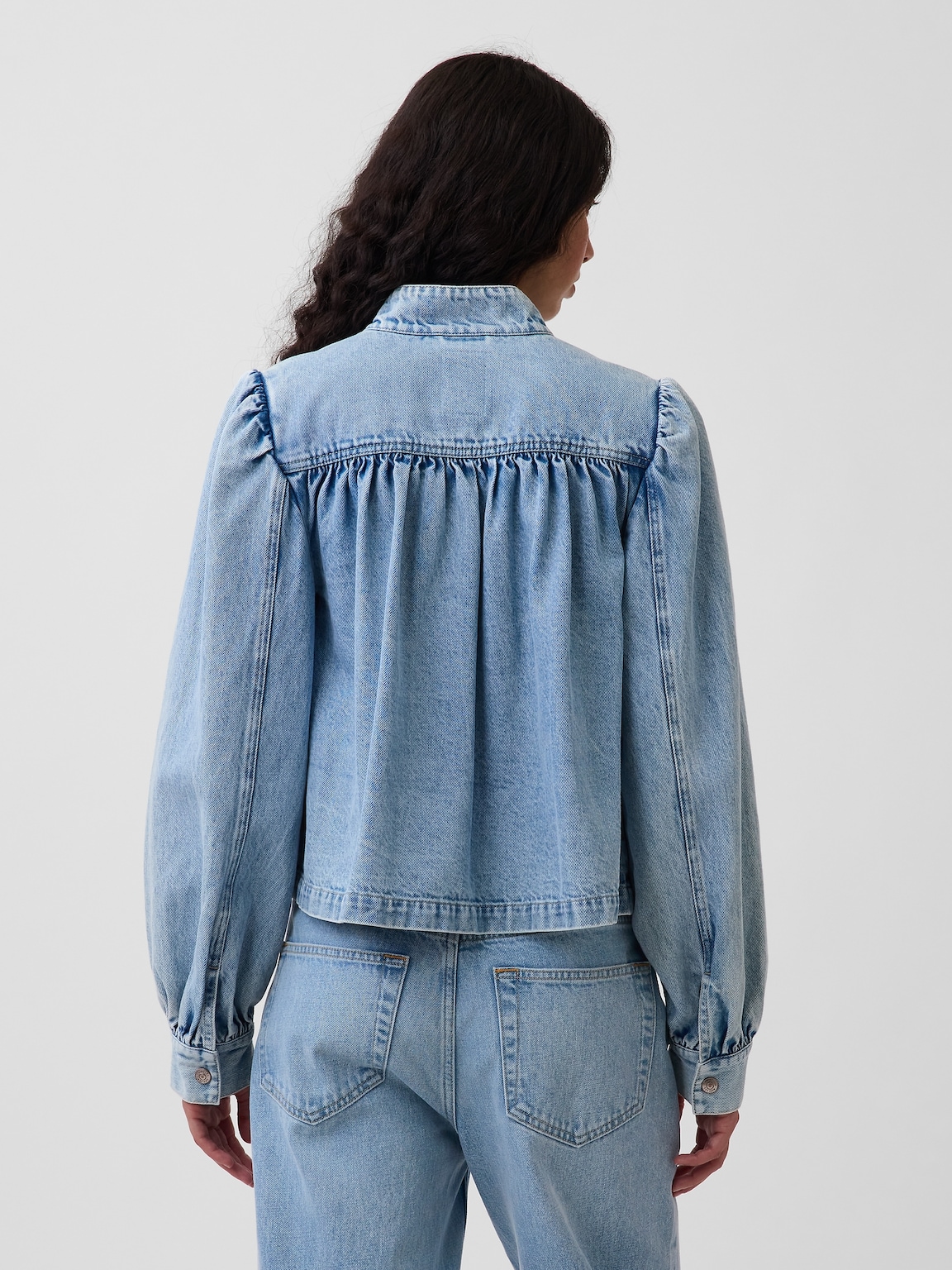 Denim Balloon-Sleeve Crop Swing Jacket