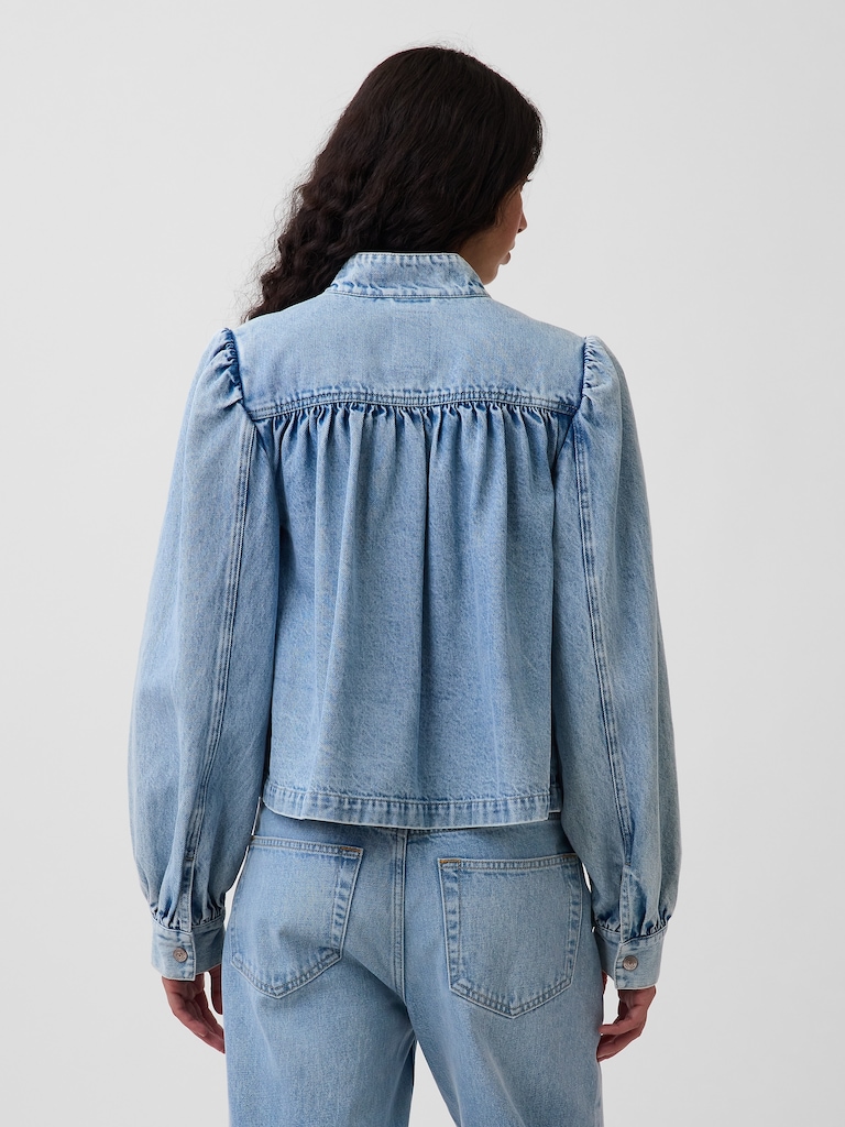 Denim Balloon-Sleeve Crop Swing Jacket
