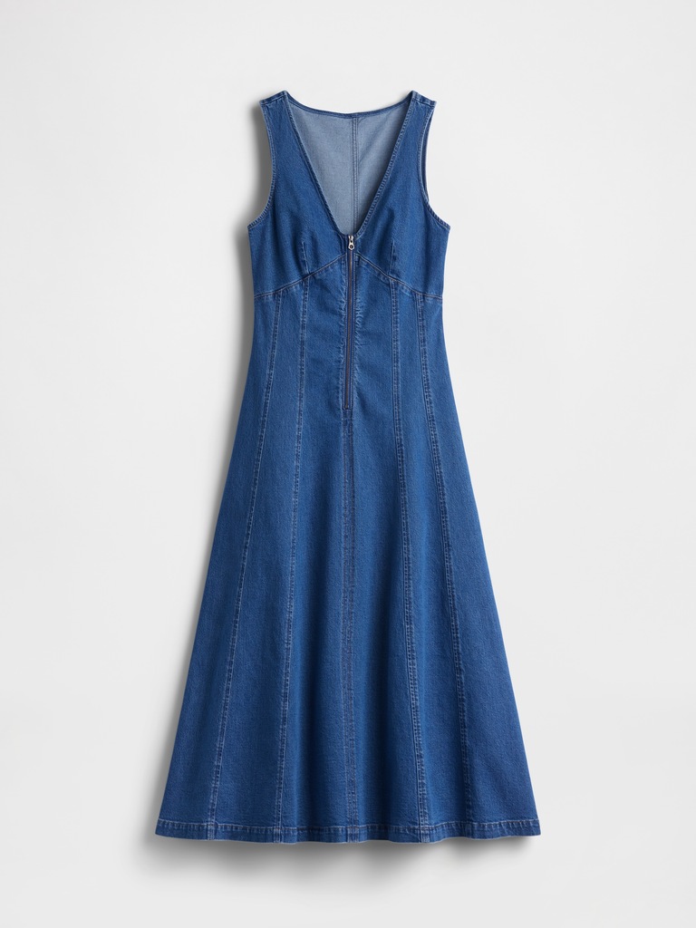 Denim Zip-Front Midi Dress