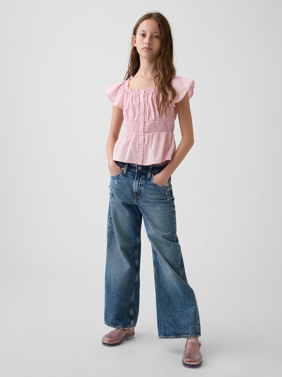 Kids Flutter-Sleeve Button-Front Top