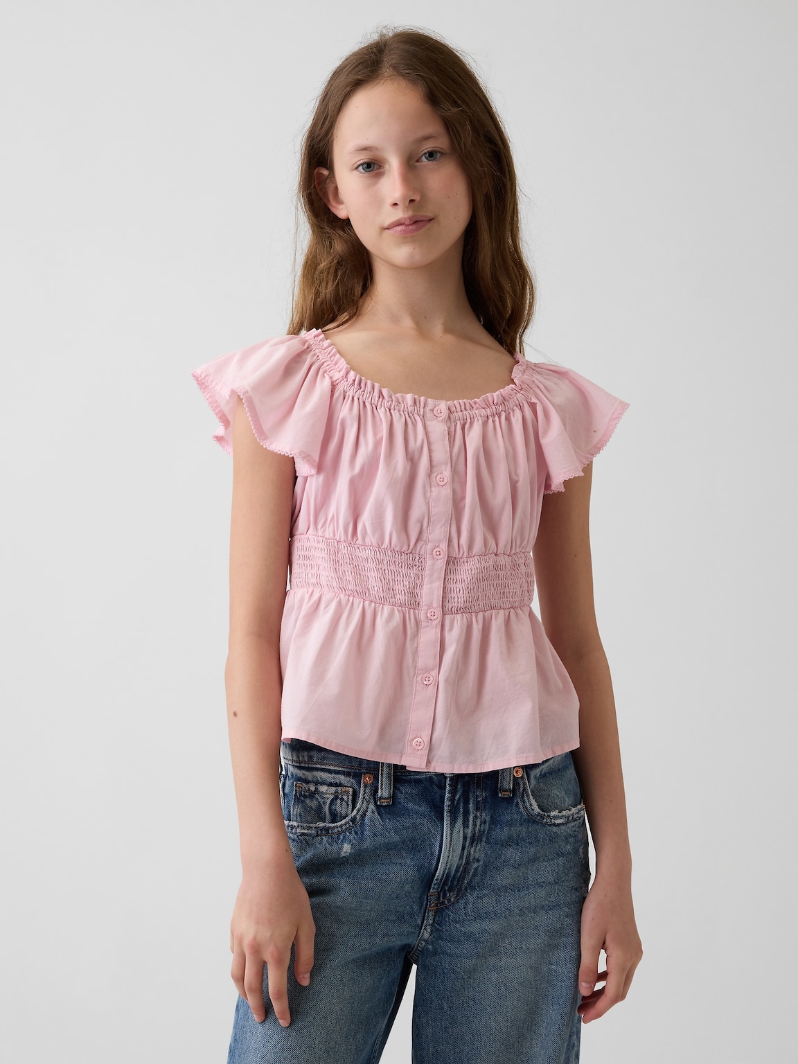 Kids Flutter-Sleeve Button-Front Top