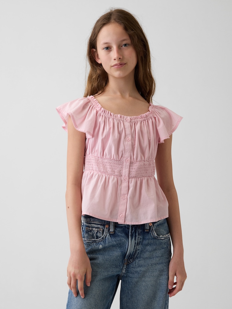 Kids Flutter-Sleeve Button-Front Top