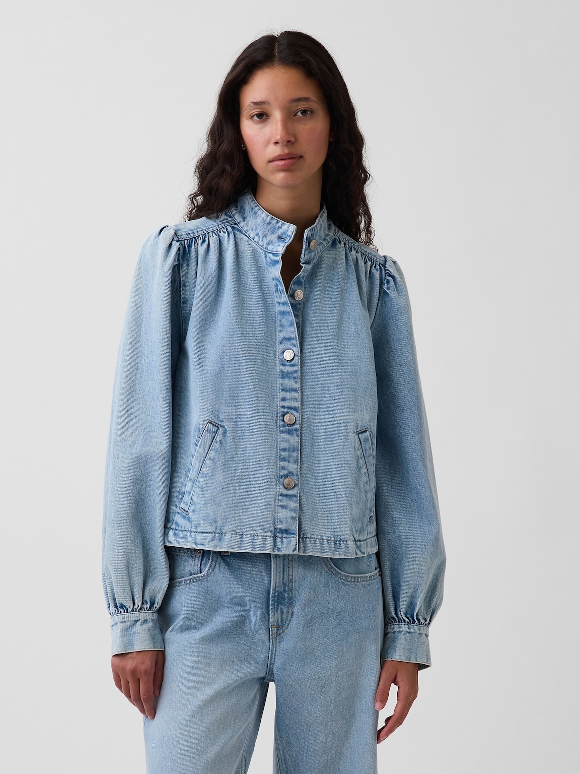 Denim Balloon-Sleeve Crop Swing Jacket