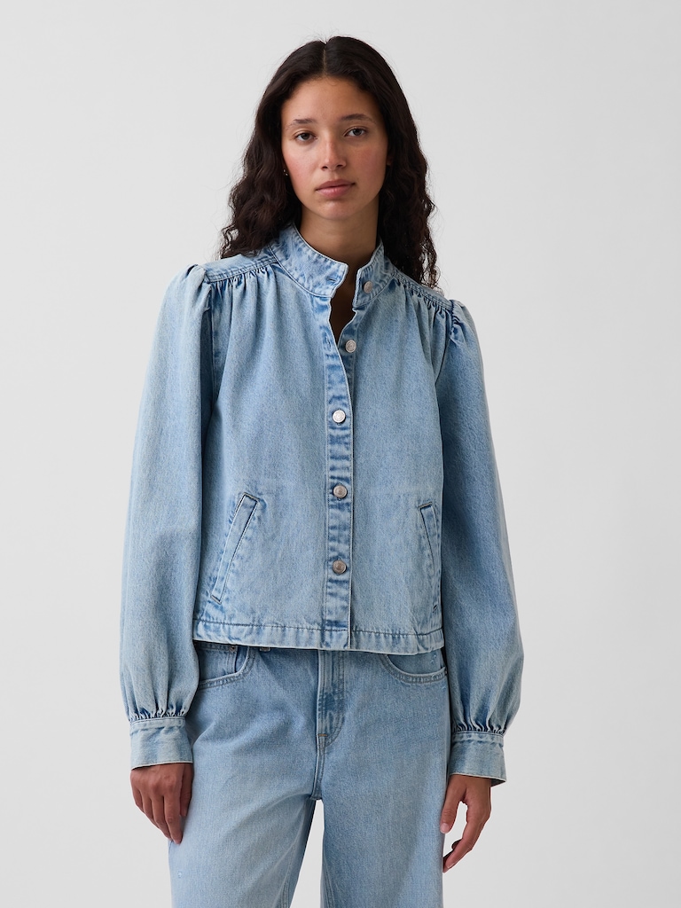 Denim Balloon-Sleeve Crop Swing Jacket