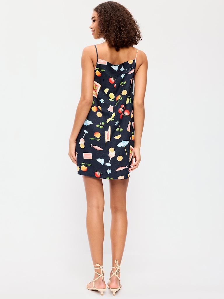 Linen-Blend Apron-Neck Mini Shift Dress