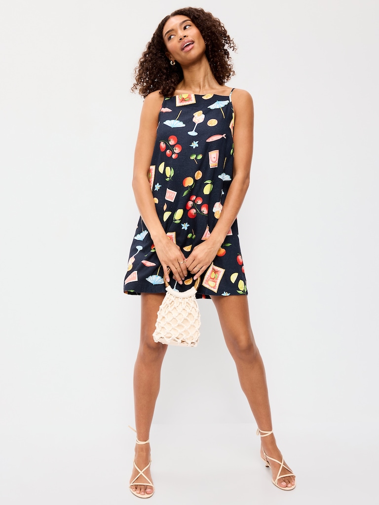 Linen-Blend Apron-Neck Mini Shift Dress
