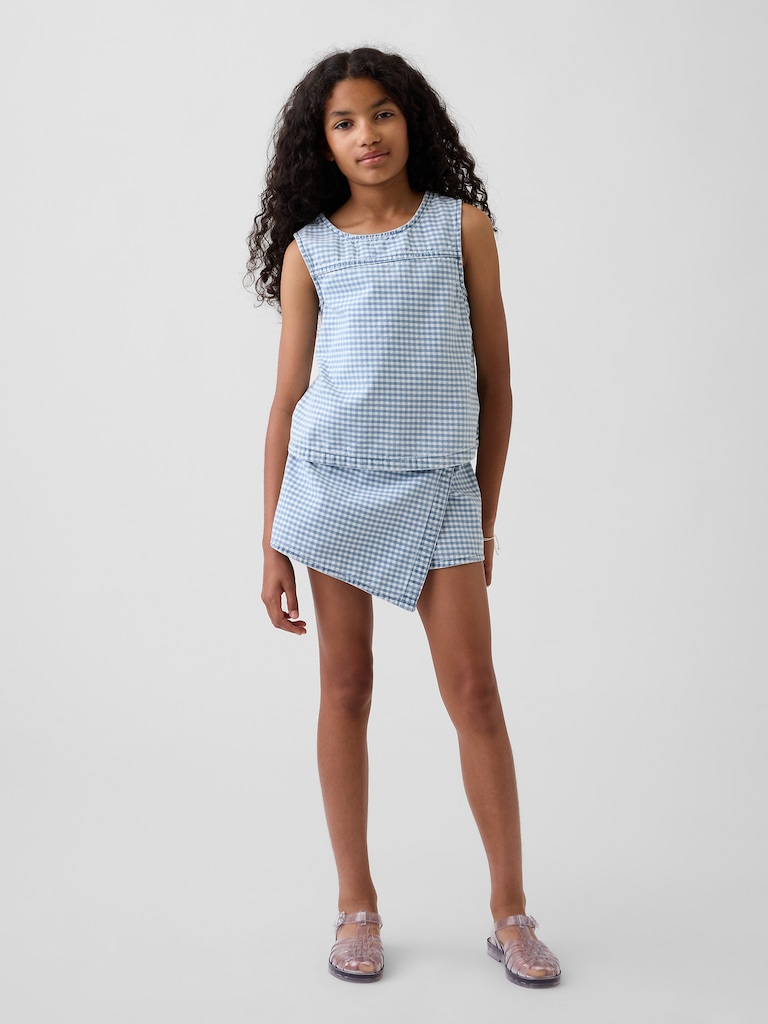 Kids Gingham Denim Wrap-Front Mini Skort