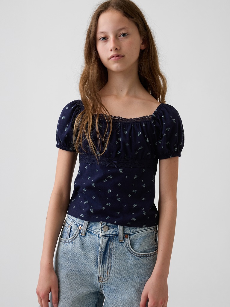 Kids Lace-Trim Puff-Sleeve Top