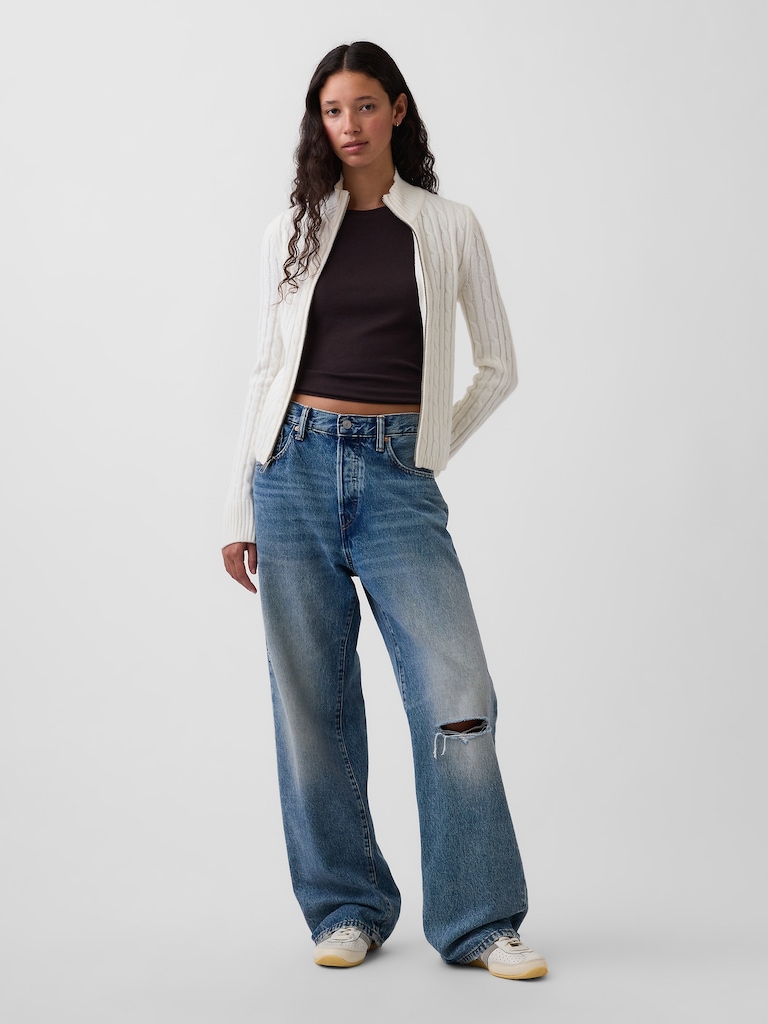 CashSoft Cable-Knit Crop Zip Cardigan