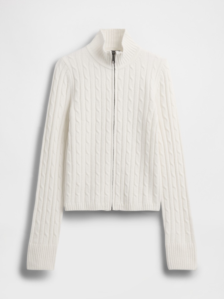 CashSoft Cable-Knit Crop Zip Cardigan
