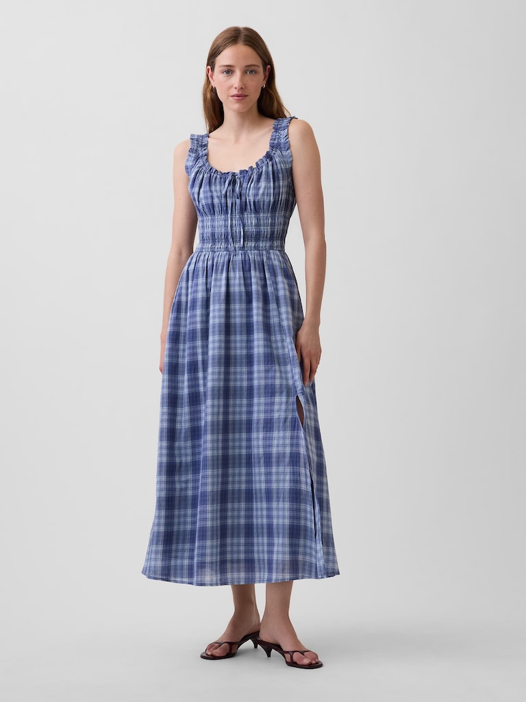 Plaid Voile Smocked Waist Maxi Dress
