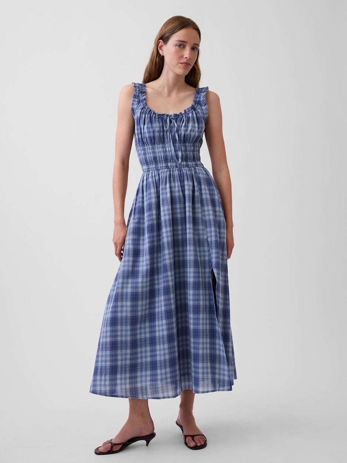 Plaid Voile Smocked Waist Maxi Dress