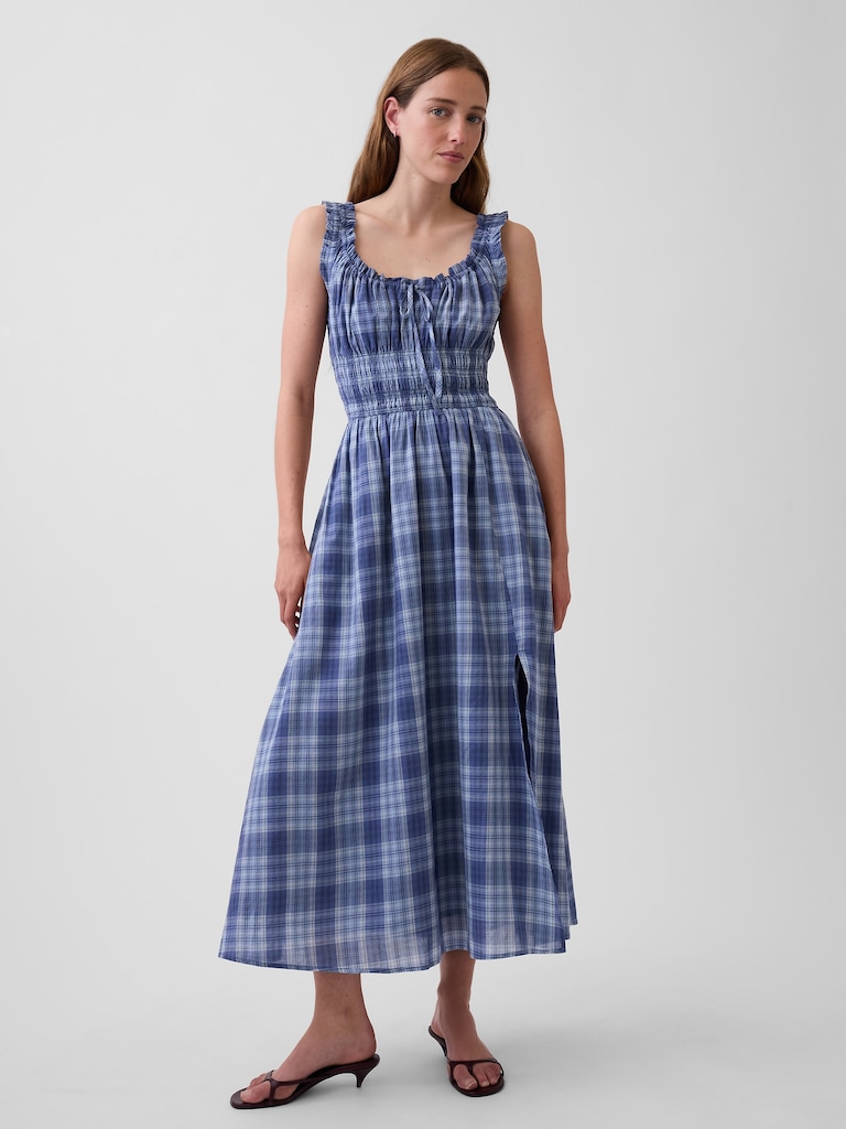 Plaid Voile Smocked Waist Maxi Dress