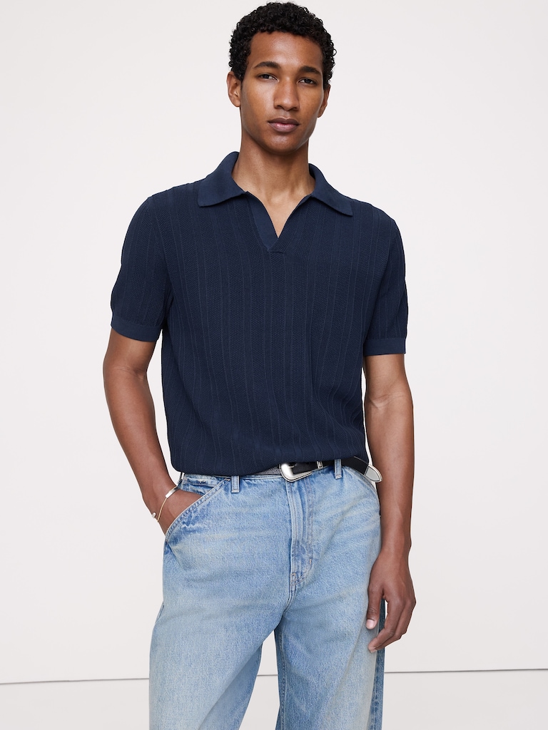 Chandail polo en coton texturé à rayures