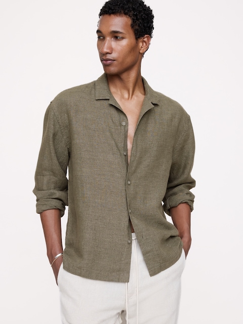 light green pleated dress Dark Green Wool Two-Pocket Camp Collar Work Shirt – Drakes US main image 1