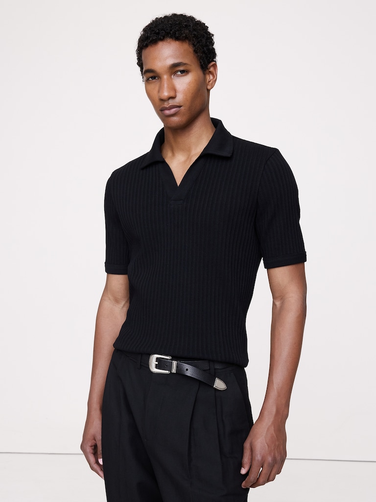 Ribbed Stretch-Cotton Johnny-Collar Polo