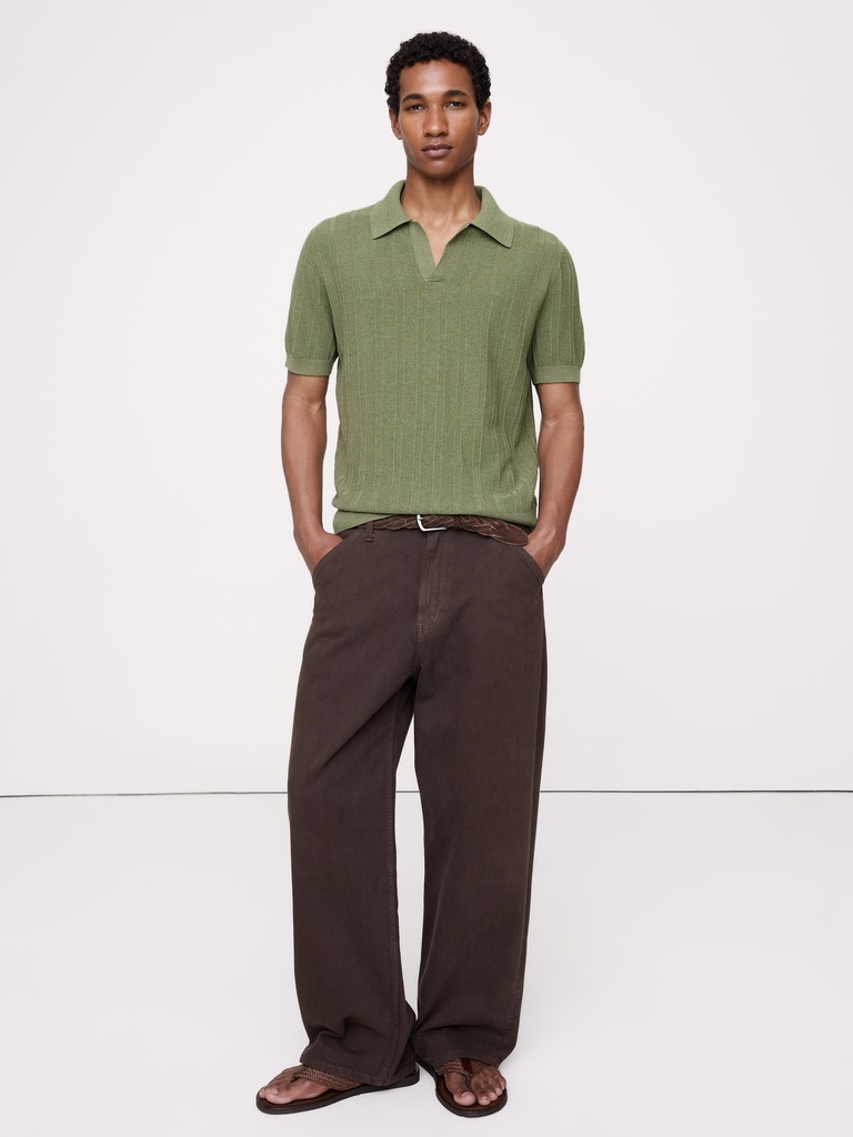 Chandail polo en coton texturé à rayures