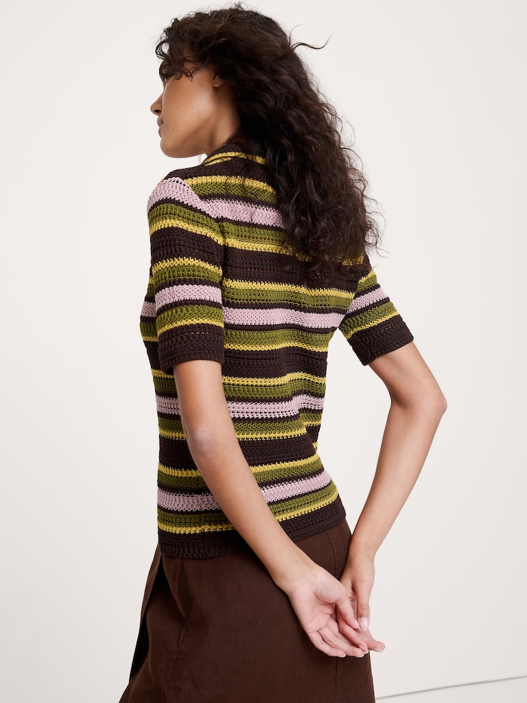 Crochet Stripe Cotton Sweater Polo