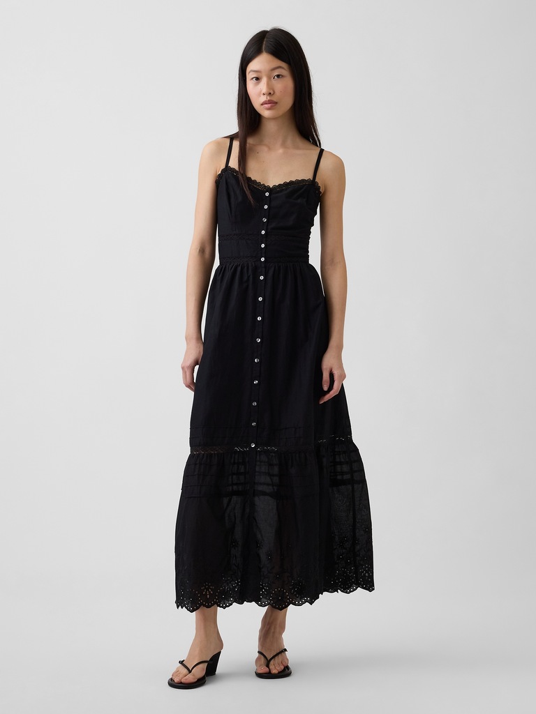 Lace-Trim Button-Front Maxi Dress