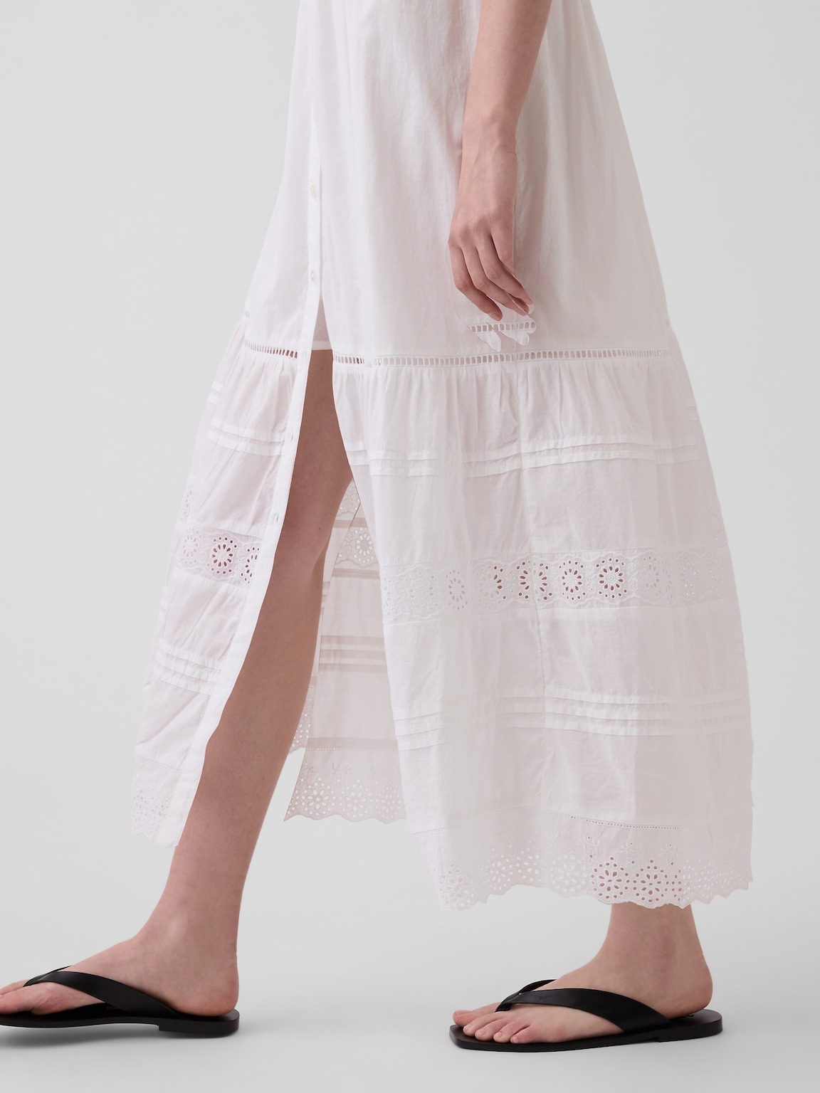 Lace-Trim Tiered Midi Shirtdress