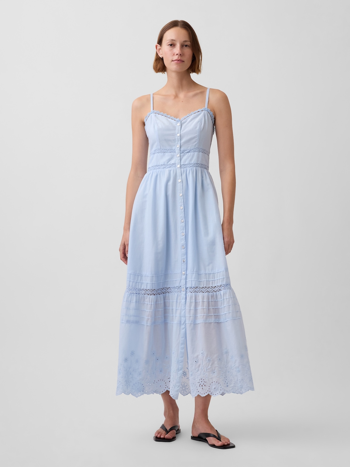 Lace-Trim Button-Front Maxi Dress
