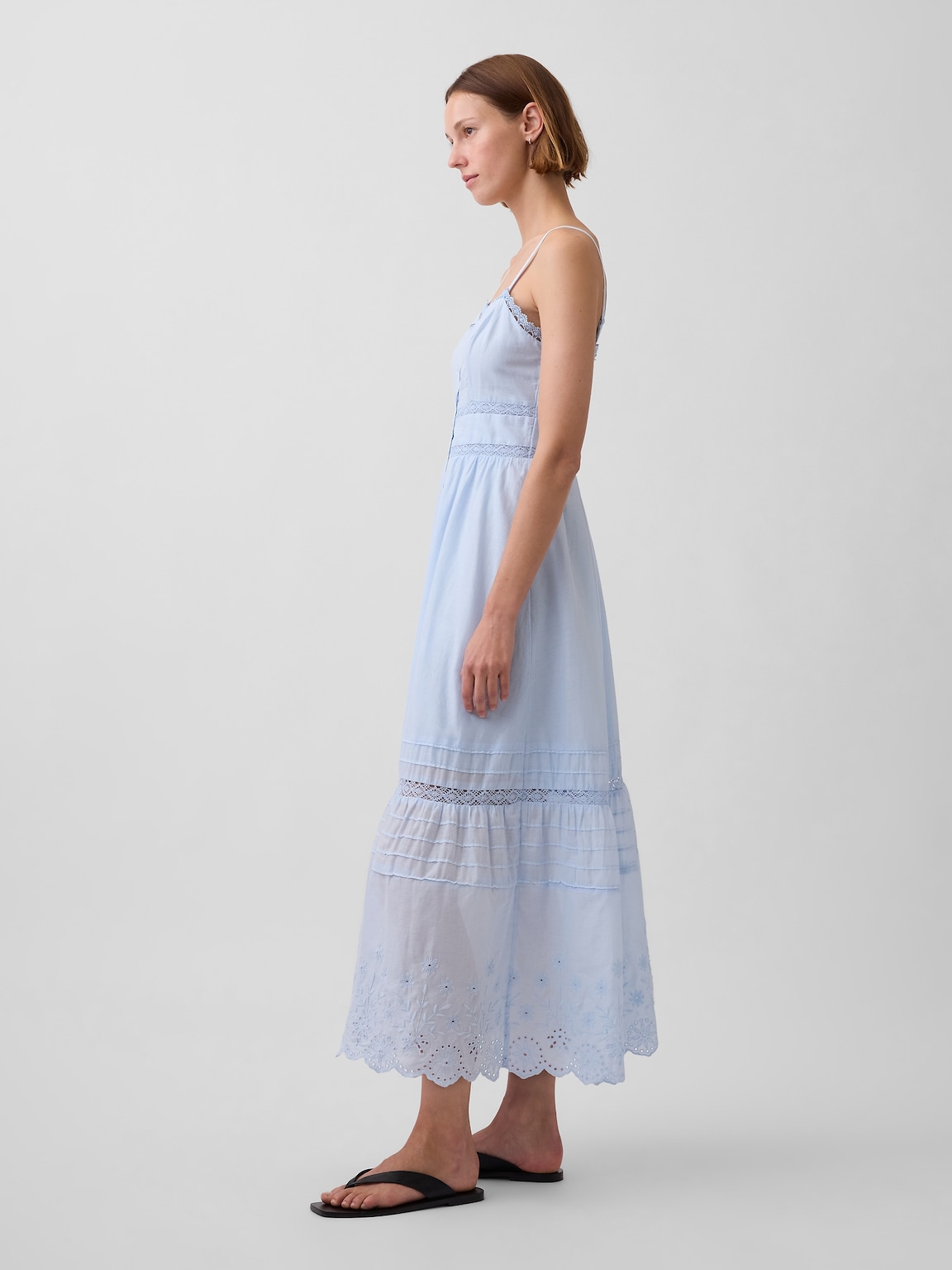 Lace-Trim Button-Front Maxi Dress