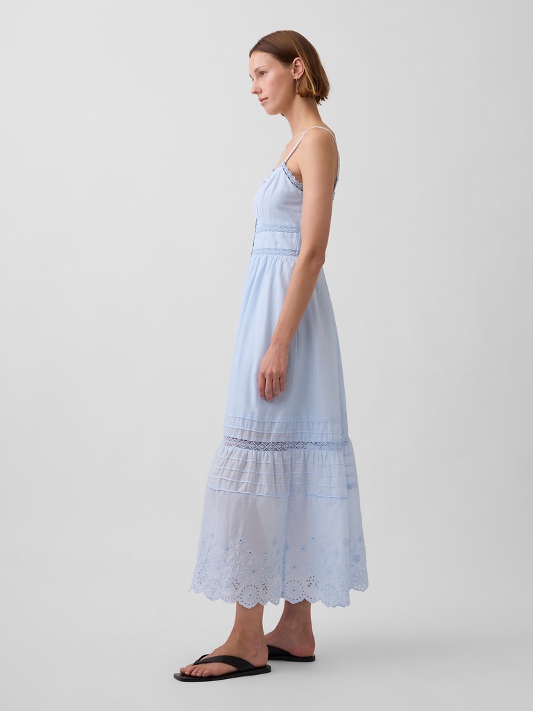 Lace-Trim Button-Front Maxi Dress