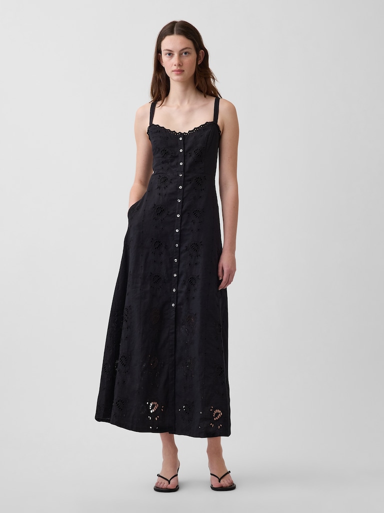 Linen-Blend Embroidered Button-Front Cami Maxi Dress