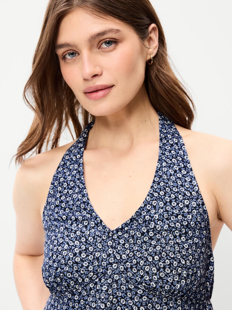 Linen-Blend V-Neck Halter Top