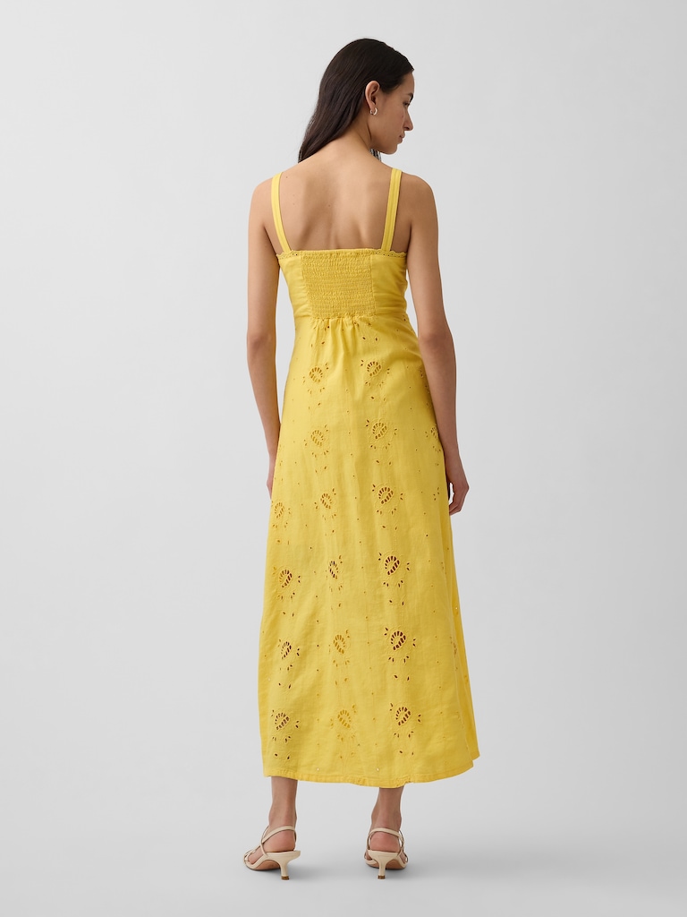 Linen-Blend Embroidered Button-Front Cami Maxi Dress