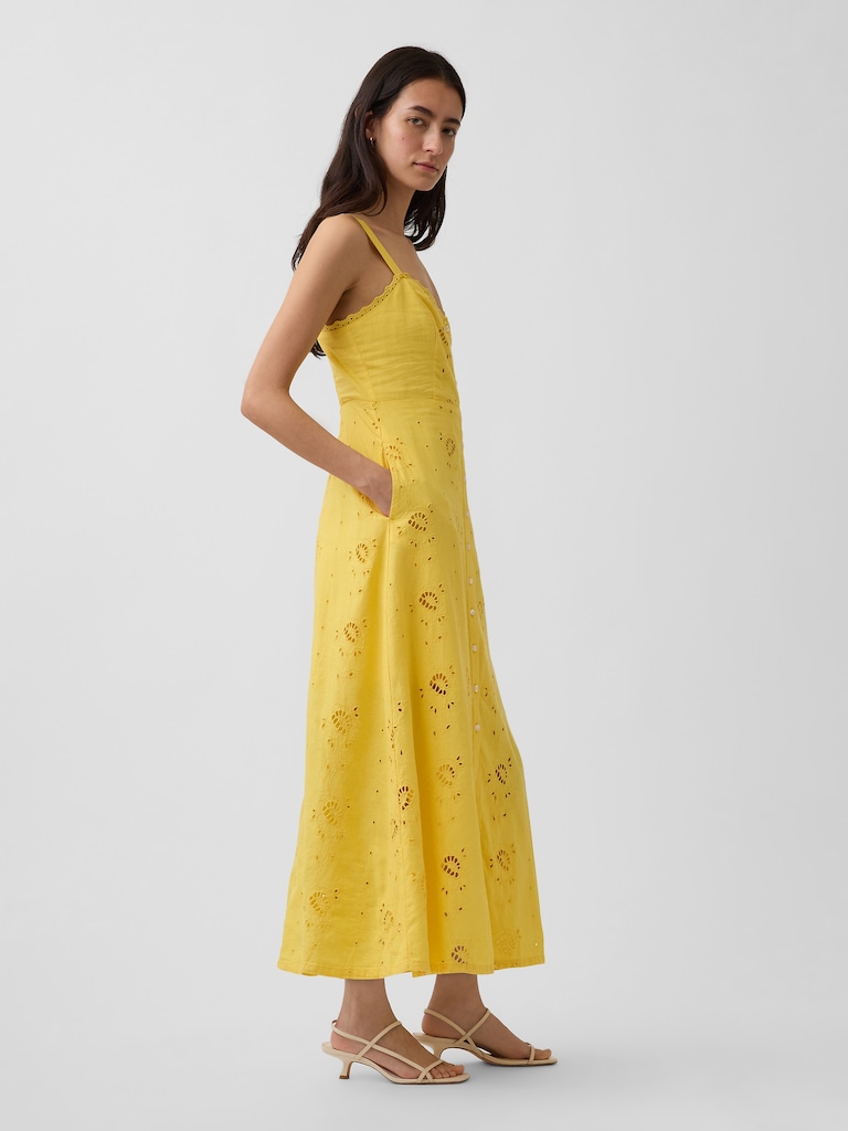 Linen-Blend Embroidered Button-Front Cami Maxi Dress