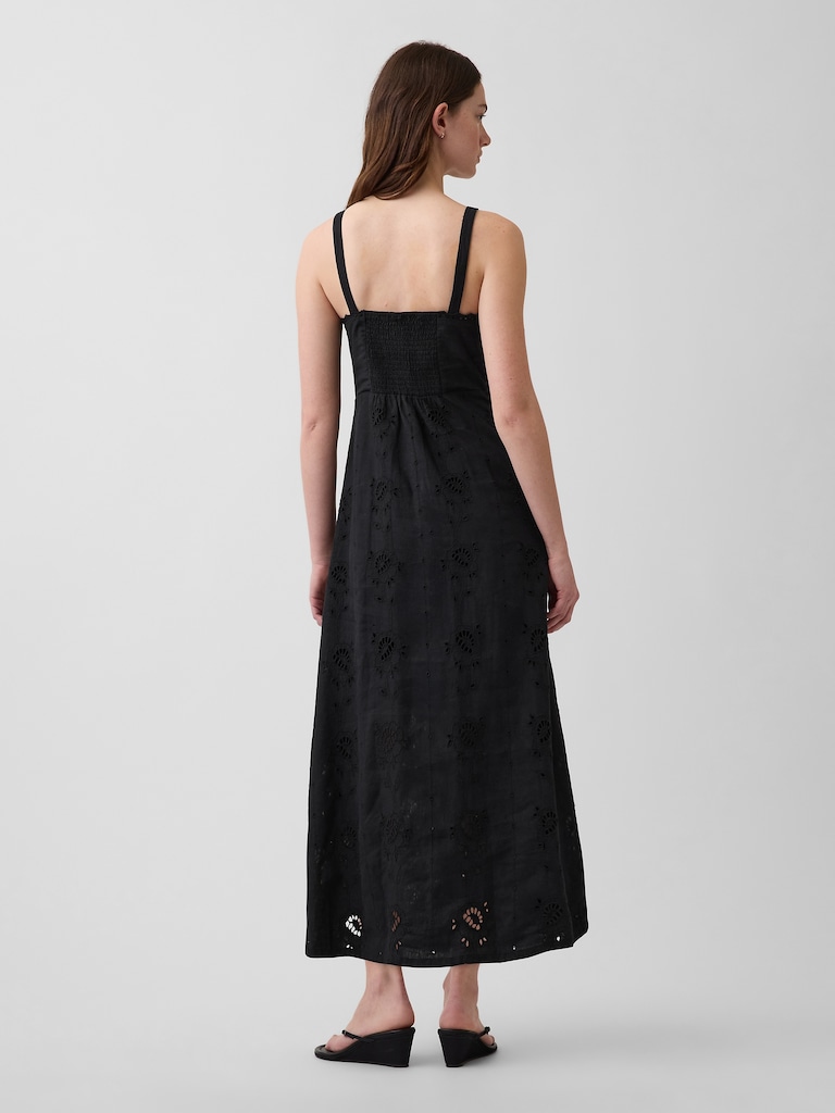 Linen-Blend Embroidered Button-Front Cami Maxi Dress