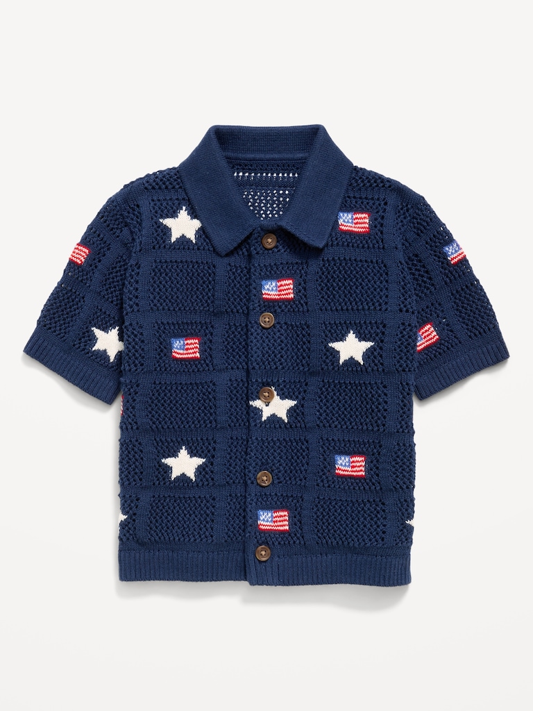 Oversized Short-Sleeve Crochet-Knit Shirt for Toddler Boys