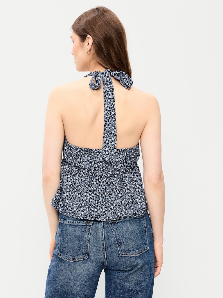 Linen-Blend V-Neck Halter Top
