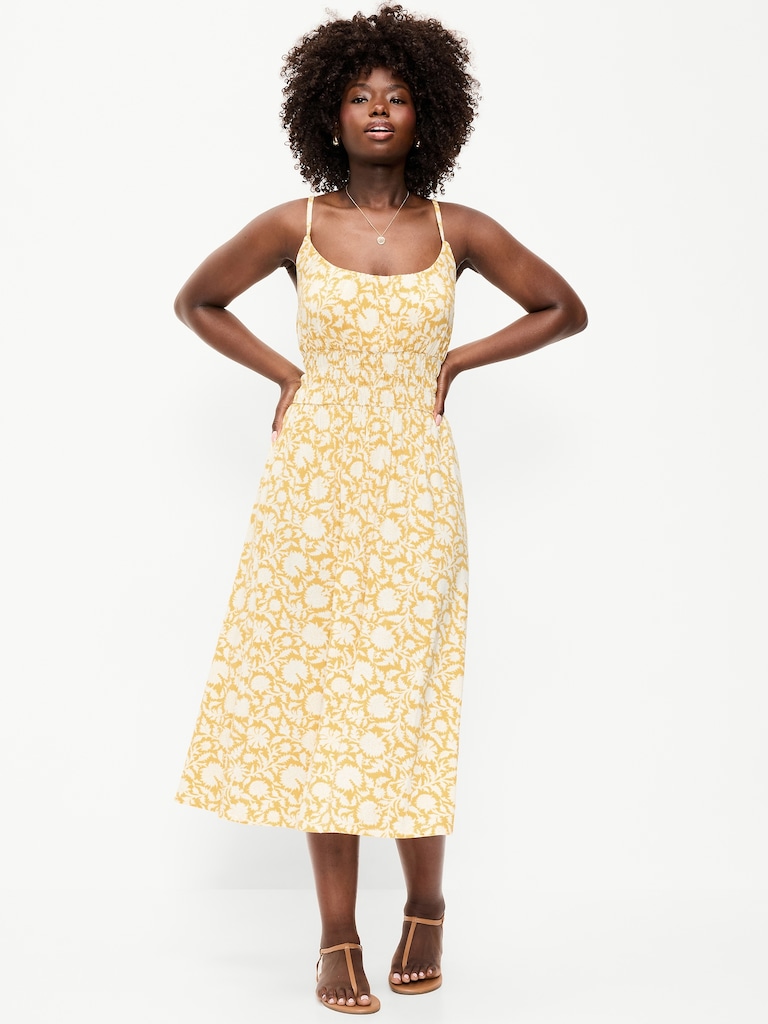 Fit & Flare Jersey Smocked-Waist Midi Dress