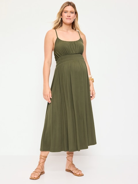 slim fit dress slacks Halter Maternity Midi Dress with Side Slit and Keyhole Back Olive / Large main image 0