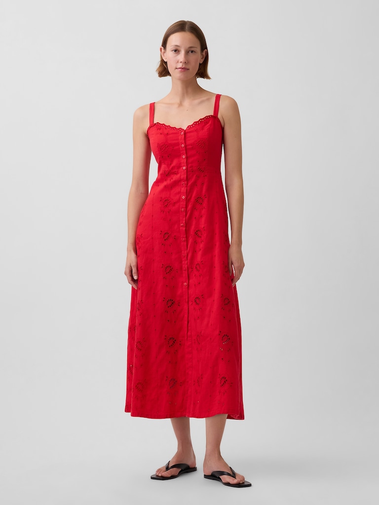 Linen-Blend Embroidered Button-Front Cami Maxi Dress