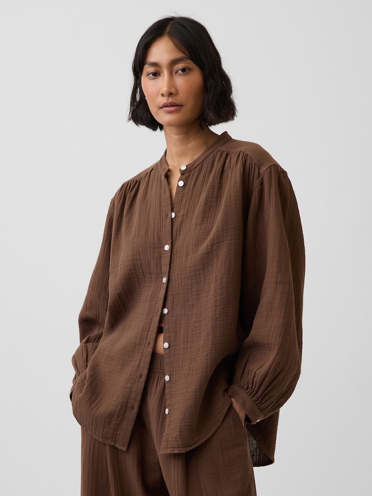 Cotton Gauze Oversized Collarless Shirt