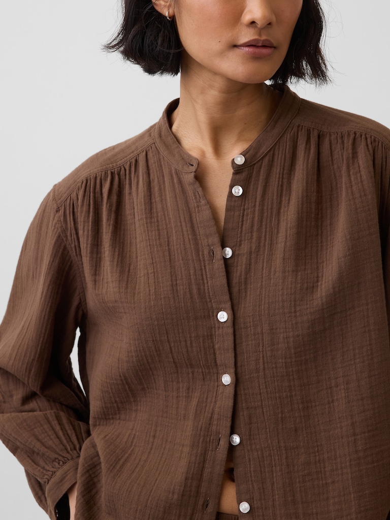 Cotton Gauze Oversized Collarless Shirt