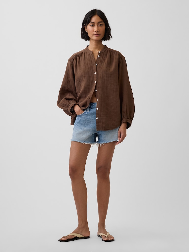 Cotton Gauze Oversized Collarless Shirt