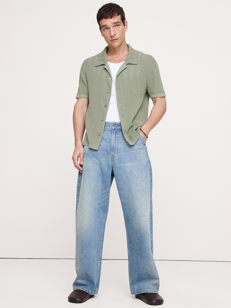 Pointelle Linen-Cotton Blend Polo Cardigan