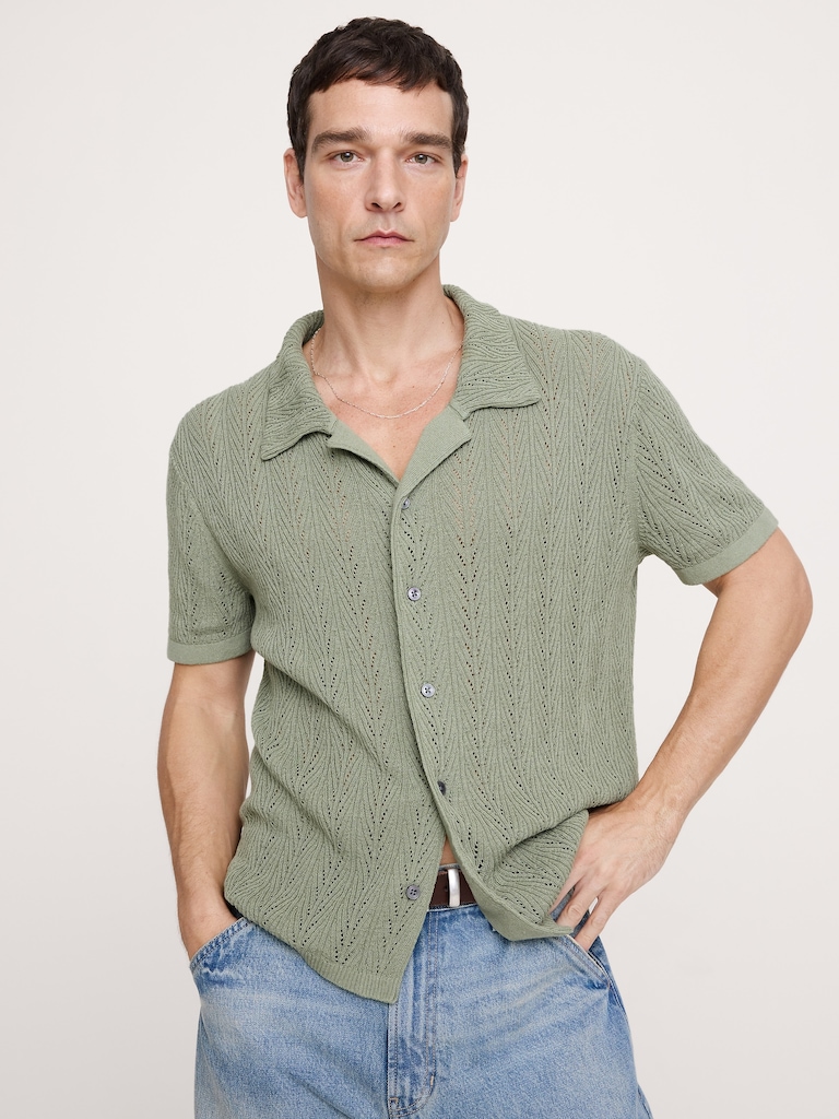 Pointelle Linen-Cotton Blend Polo Cardigan