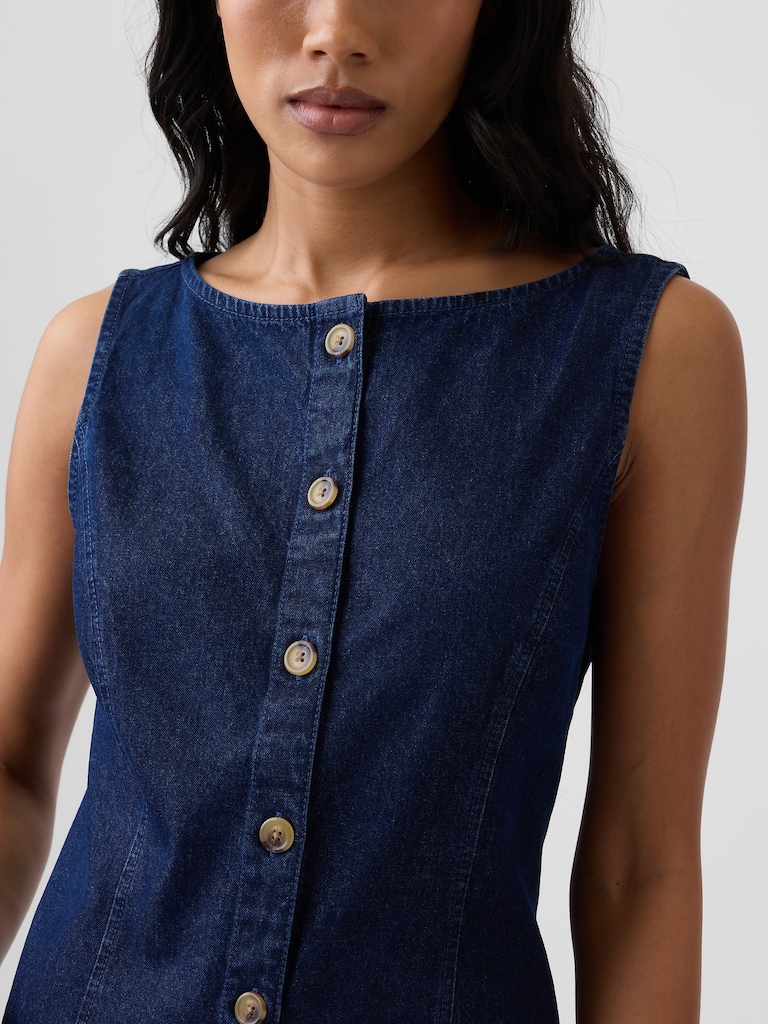 Boatneck Button-Front Mini Dress