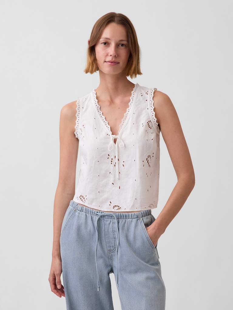 Linen-Blend Embroidered Crop Shell Tank Top
