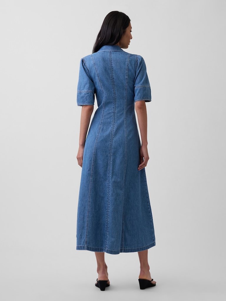 Denim Barrel-Sleeve Midi Shirtdress