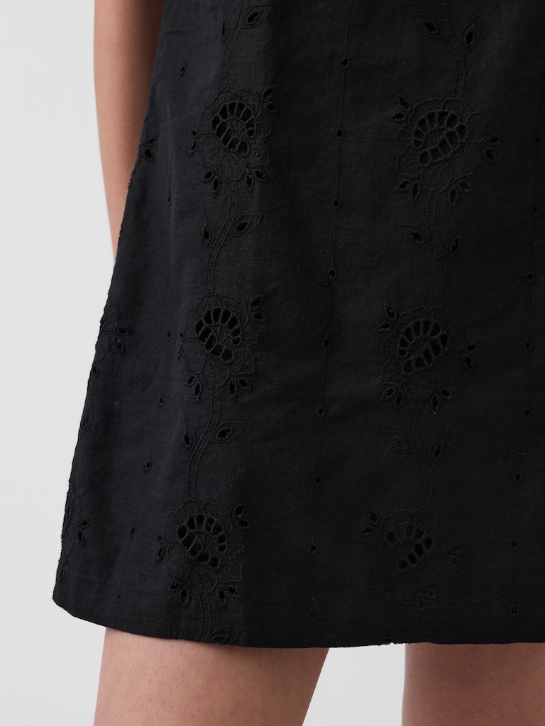 Linen-Blend Embroidered Mini Shift Dress
