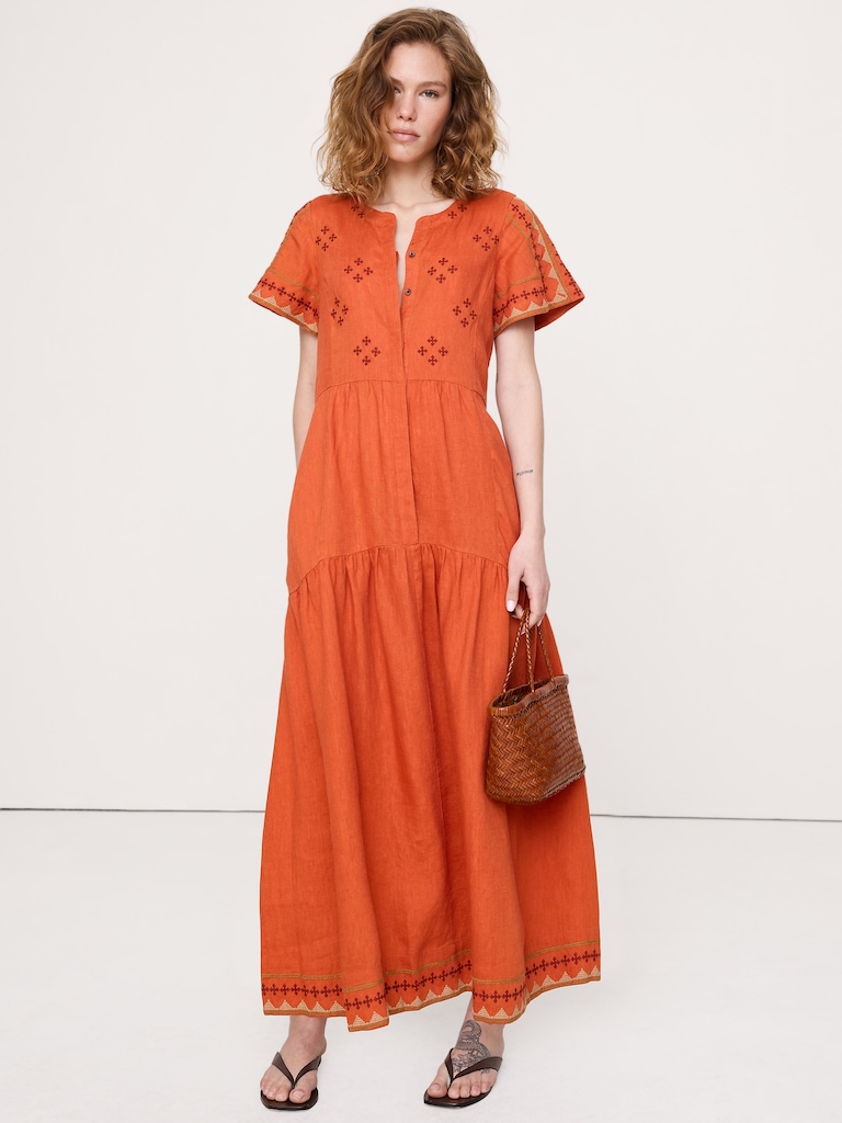 Embroidered Linen Tiered Maxi Dress