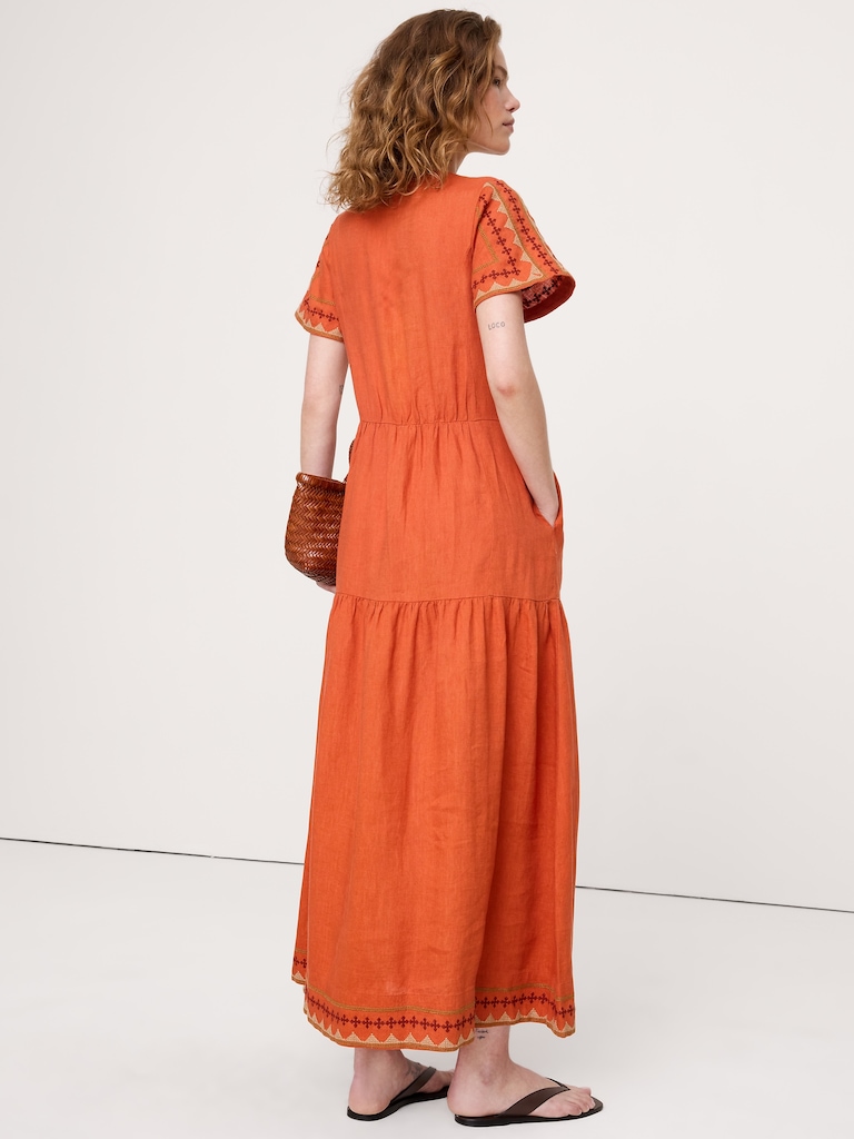 Embroidered Linen Tiered Maxi Dress