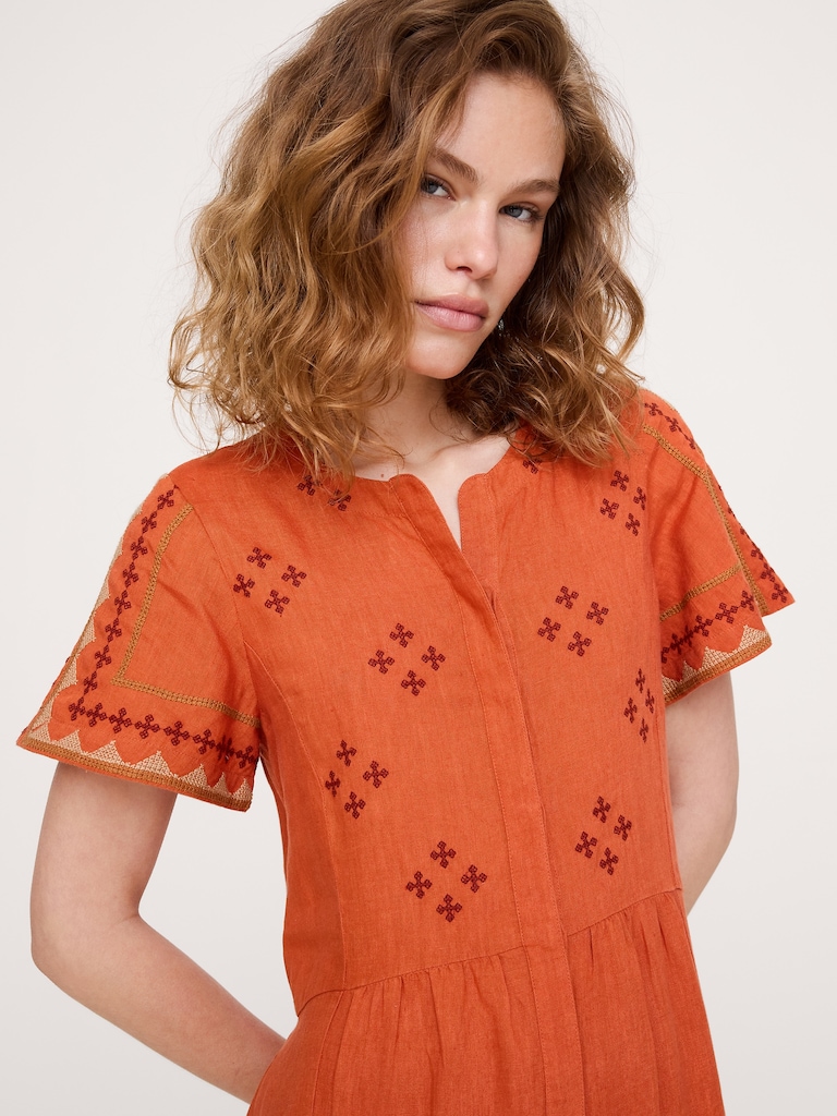 Embroidered Linen Tiered Maxi Dress