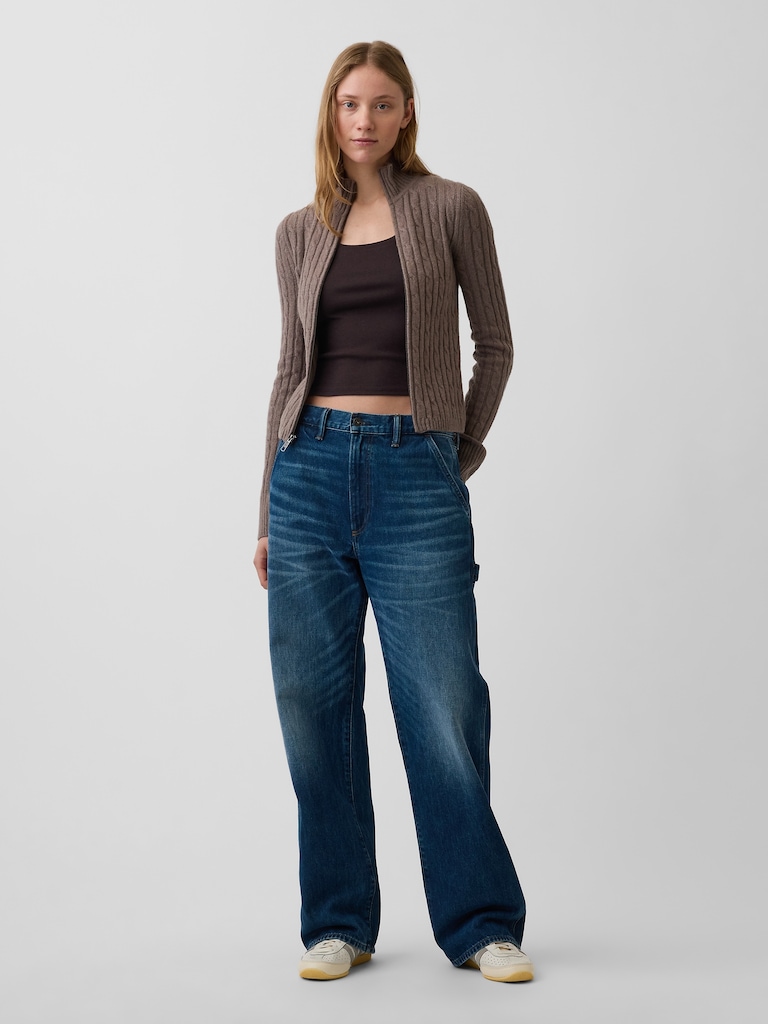 CashSoft Cable-Knit Crop Zip Cardigan